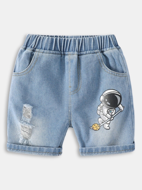 

Hopscotch Boys Blue Printed Denim Shorts