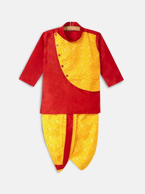 

Hopscotch Boys Yellow Ethnic Motifs Printed Pure Silk Kurta With Dhoti