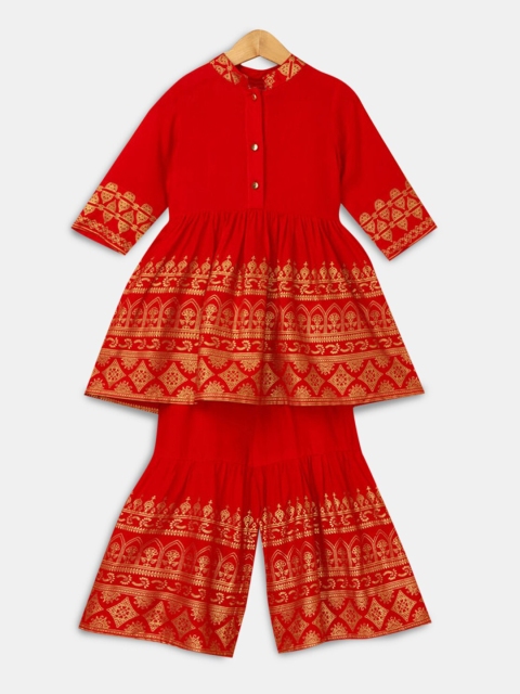 

Hopscotch Girls Red Ethnic Motifs Printed Kurti with Sharara