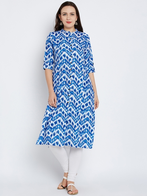 

Shree Women White & Blue Printed Straight Kurta