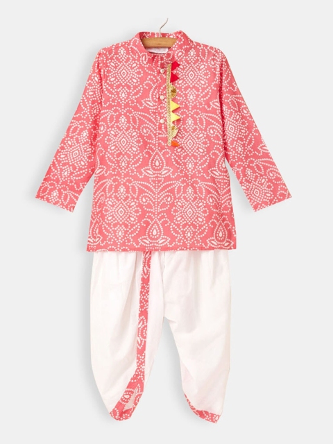 

Hopscotch Boys Pink Ethnic Motifs Printed Pure Cotton Kurta with Dhoti Pants