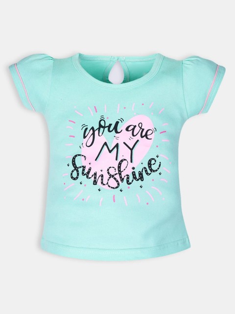 

Hopscotch Girls Green Typography Printed Puff Sleeves Cotton T-shirt