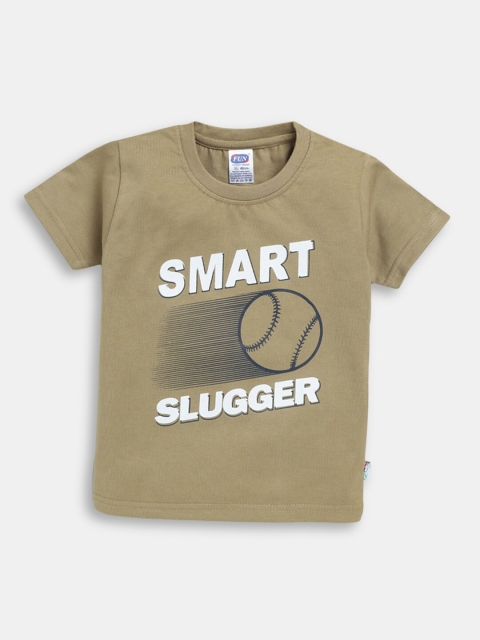 

Hopscotch Boys Khaki Typography Printed Cotton T-shirt