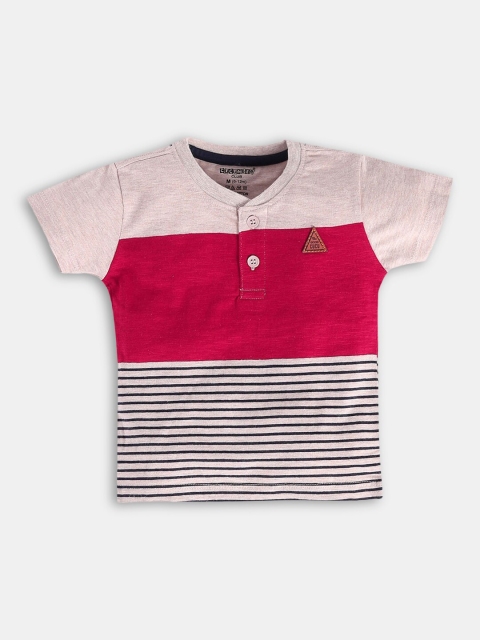 

Hopscotch Boys Off White & Maroon Striped Henley Neck Cotton T-shirt
