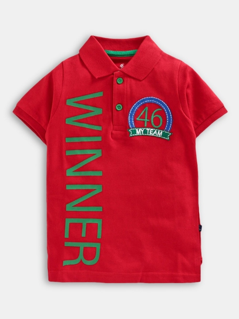 

Hopscotch Boys Red Typography Printed Polo Collar Applique T-shirt