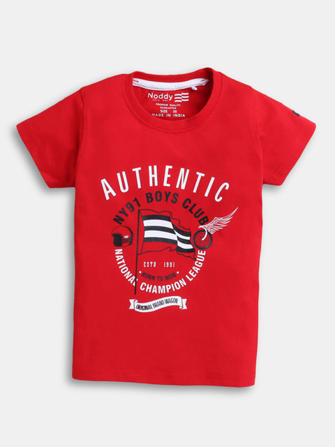 

Hopscotch Boys Red Typography Printed Pure Cotton T-shirt