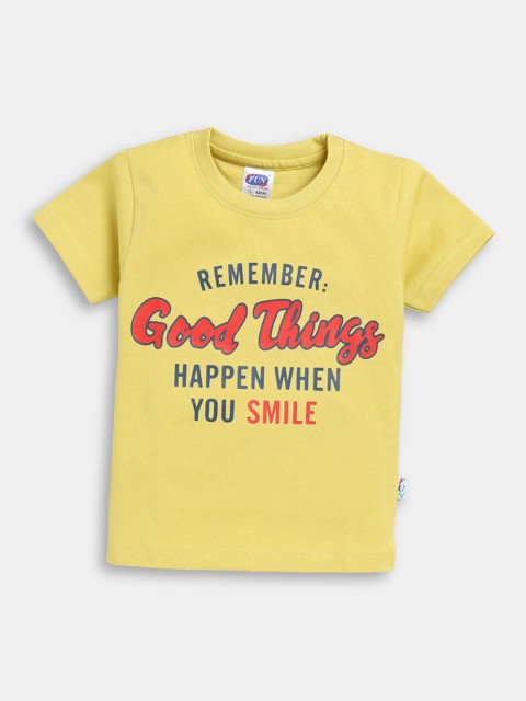 

Hopscotch Boys Yellow Typography Printed Cotton T-shirt