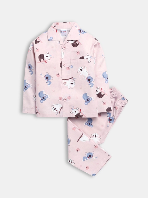 

Hopscotch Boys Pink & White Printed Pure Cotton Night suit