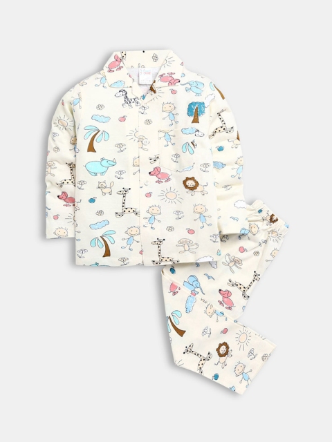 

Hopscotch Boys Off White & Blue Printed Pure Cotton Night suit