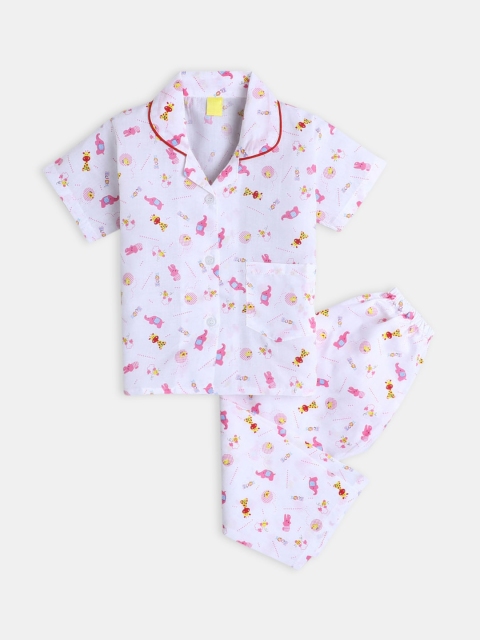 

Hopscotch Girls White & Pink Round Neck Printed Pure Cotton Night suit
