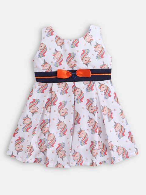 

Hopscotch Girls White & Peach-Coloured Printed Sleeveless Dress