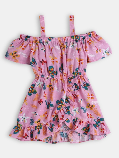 

Hopscotch Girl Pink Tropical Off-Shoulder Dress