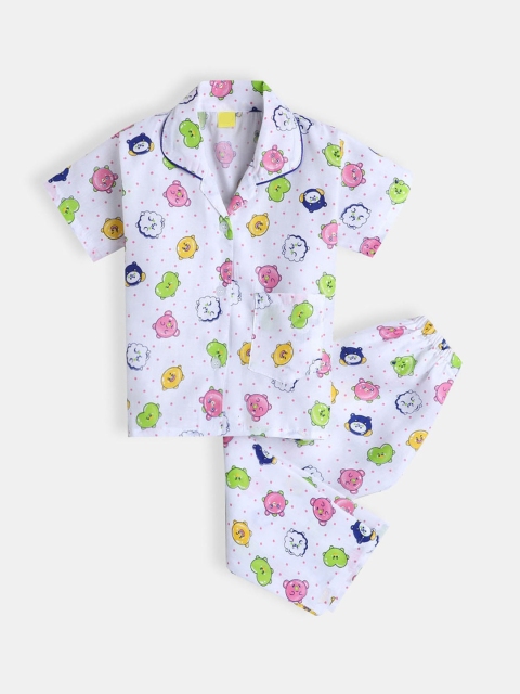 

Hopscotch Girls White & Green Printed Night suit