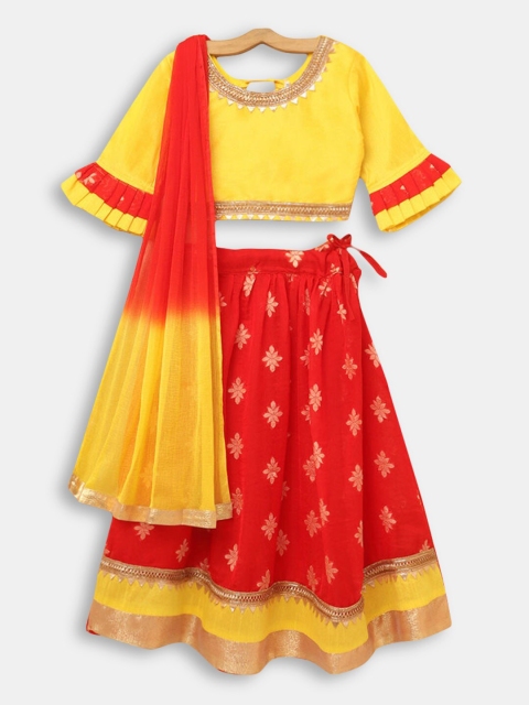 

Hopscotch Girls Yellow & Orange Printed Ready to Wear Lehenga & Blouse With Dupatta