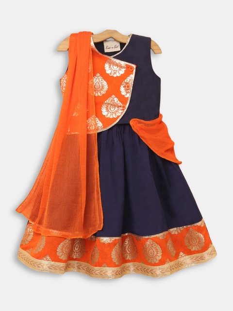 

Hopscotch Girls Blue & Orange Printed Ready to Wear Lehenga & Blouse With Dupatta