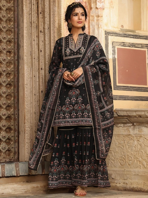 

SCAKHI Women Black Floral Printed Sequinned Kurta with Sharara & With Dupatta