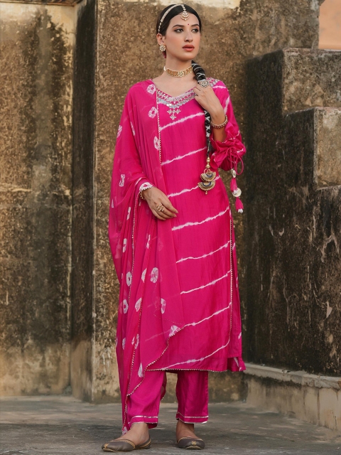 

SCAKHI Women Pink Leheriya Dyed Mirror Work Chanderi Cotton Kurta Set
