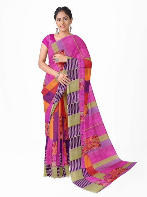 

Silk Bazar Pink & Red Ethnic Motifs Pure Georgette Fusion Dharmavaram Saree