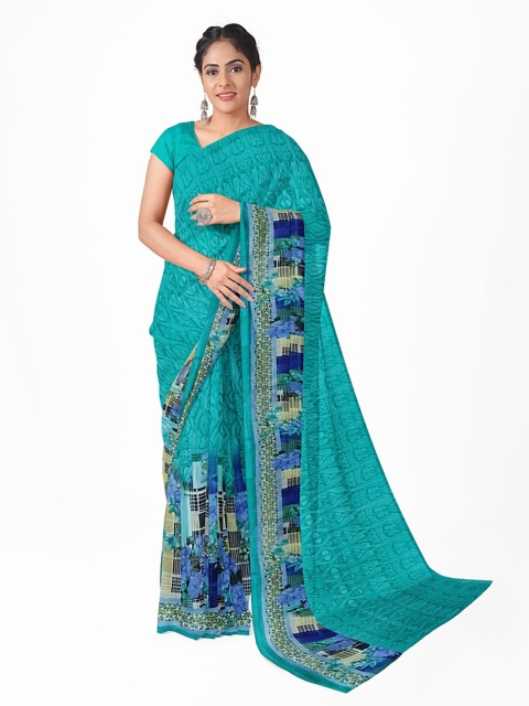

Silk Bazar Teal & Blue Floral Pure Georgette Fusion Dharmavaram Saree