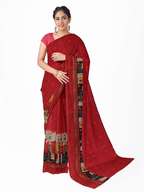 

Silk Bazar Peach-Coloured & Blue Pure Georgette Saree