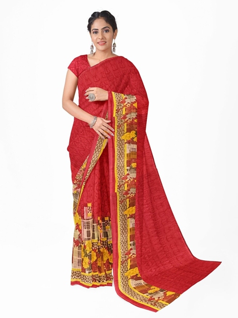 

Silk Bazar Red & Yellow Floral Pure Georgette Saree