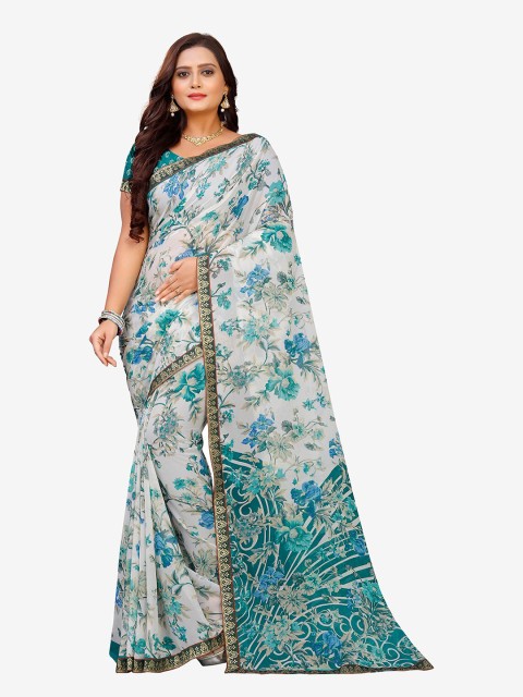 

Indian Fashionista Turquoise Blue & White Floral Zari Pure Georgette Saree
