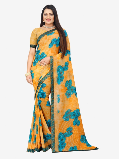 

Indian Fashionista Orange & Blue Floral Pure Georgette Saree