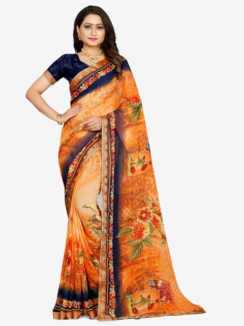

Indian Fashionista Orange & Navy Blue Floral Pure Georgette Saree