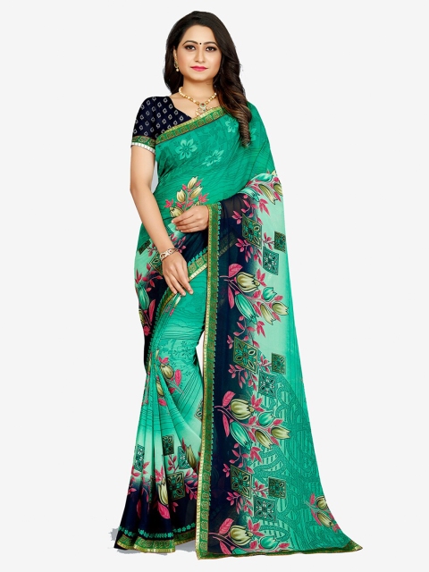

Indian Fashionista Green & Navy Blue Floral Pure Georgette Saree