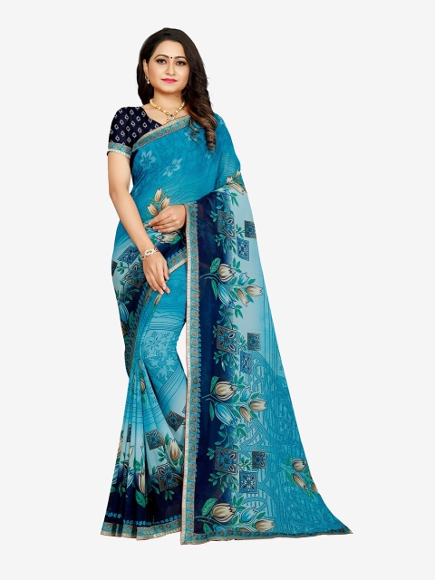 

Indian Fashionista Turquoise Blue & Navy Blue Floral Pure Georgette Saree