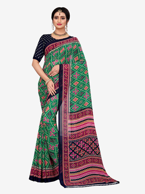 

Indian Fashionista Green & Pink Floral Pure Georgette Chanderi Saree