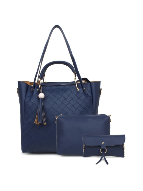 

LEGAL BRIBE Set of 3 Textured PU Structured Handheld Bag with Tasselled, Blue