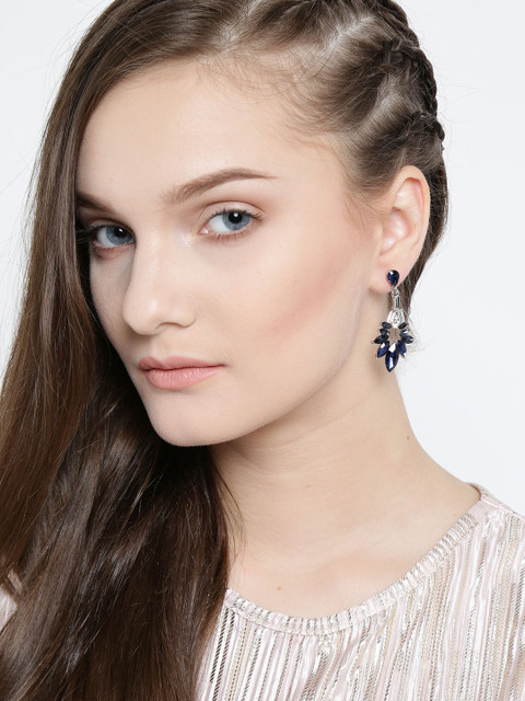 

YouBella Navy Blue & Silver-Toned Stone-Studded Drop Earrings