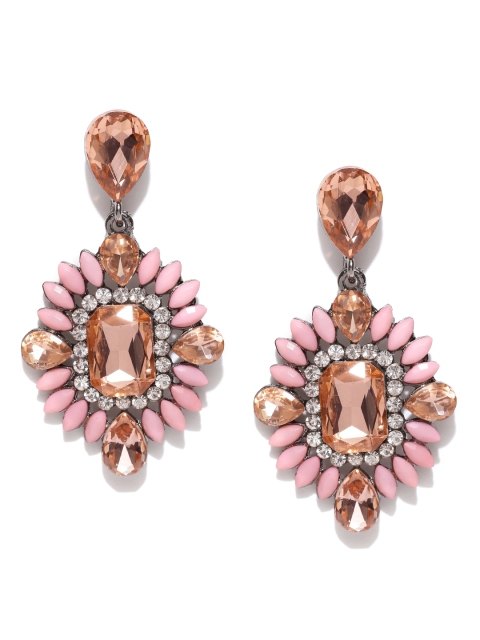 

YouBella Pink & Peach-Coloured Stone-Studded Drop Earrings