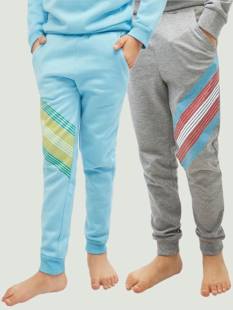 

frangipani Boys Pack Of 2 Grey Melange & Blue Solid Pure Cotton Joggers