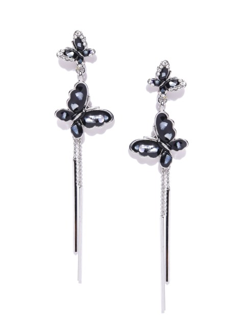 

YouBella Black & Silver-Toned Contemporary Stone-Studded Drop Earrings