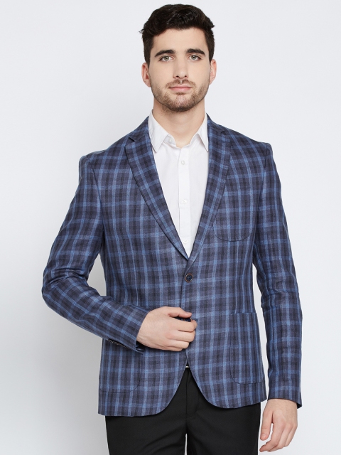 

Blackberrys Blue Checked Single-Breasted Linen Semiformal Blazer