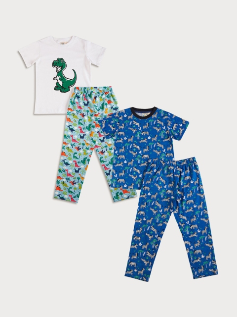 

frangipani Boys Set Of 2 Blue & White Printed Pure Cotton Night suit