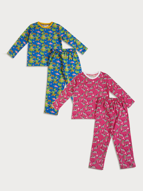

frangipani Girls Pack of 2 Blue & Pink Animal Printed Pure Cotton Night suit