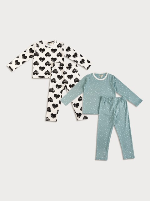 

frangipani Girls Set Of 2 White & Sea Green Printed Pure Cotton Night suit