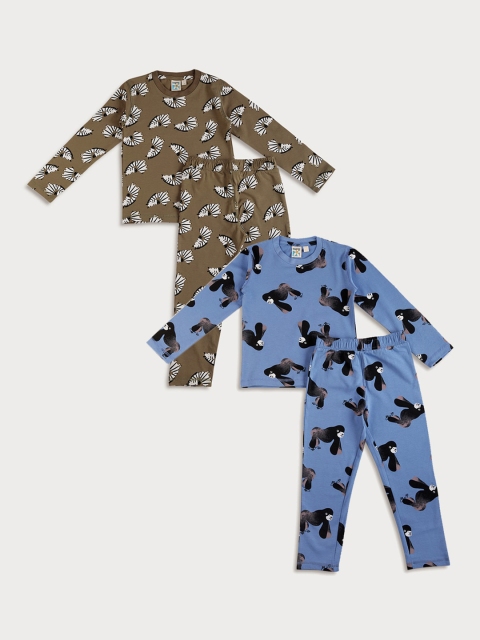 

frangipani Boys Pack of 2 Olive Green & Blue Printed Night suit