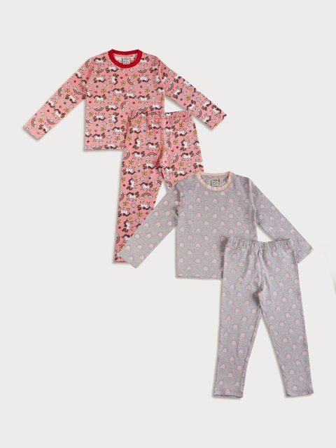 

frangipani Girls Pack of 2 Grey & Peach-Coloured Printed Pure Cotton Night suit