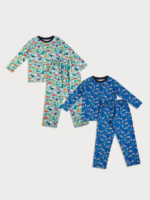 

frangipani Boys Pack of 2 Blue & Green Printed Pure Cotton Night suit