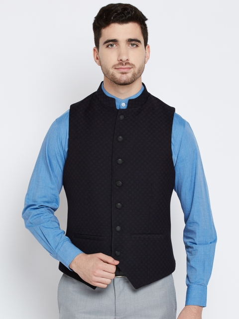 

Blackberrys Navy Self-Design Slim Fit Nehru Jacket, Navy blue