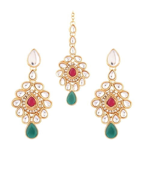 

Efulgenz Women Gold-Plated Red & Green Kundan Studded Maang Tika & Earrings Set