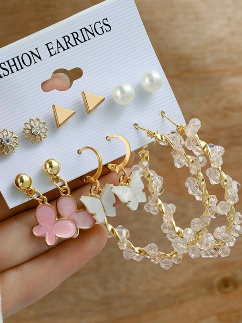 

Pinapes Set of 6 Gold-Plated & White Classic Studs Earrings