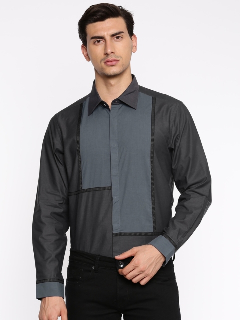 

Blackberrys Men Charcoal Grey & Blue Slim Fit Colourblocked Party Shirt
