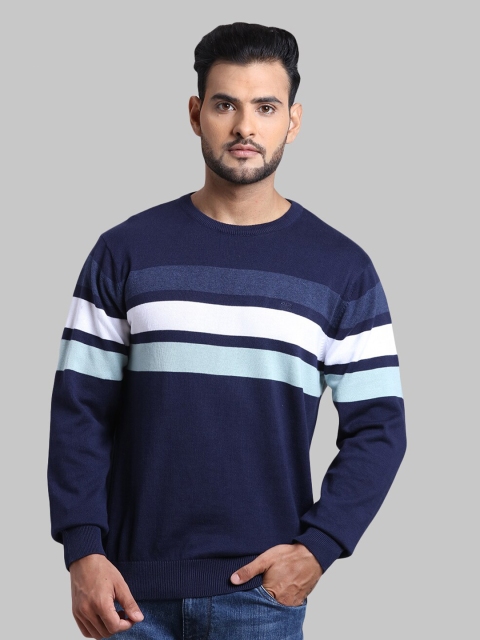 

ColorPlus Men Blue & White Cotton Striped Pullover Sweater