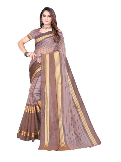 

Silk Bazar Brown & Gold-Toned Striped Zari Saree