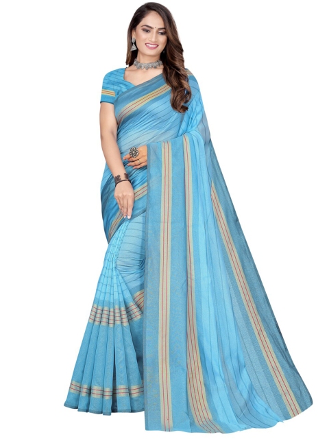 

Silk Bazar Turquoise Blue & Beige Striped Zari Saree